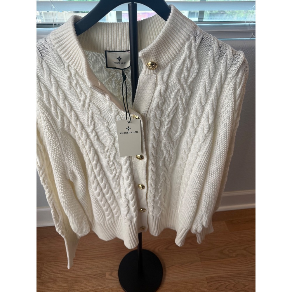 Tuckernuck White Cable Knit Cardigan Gold Button Mock Neck Sweater XL NEW
